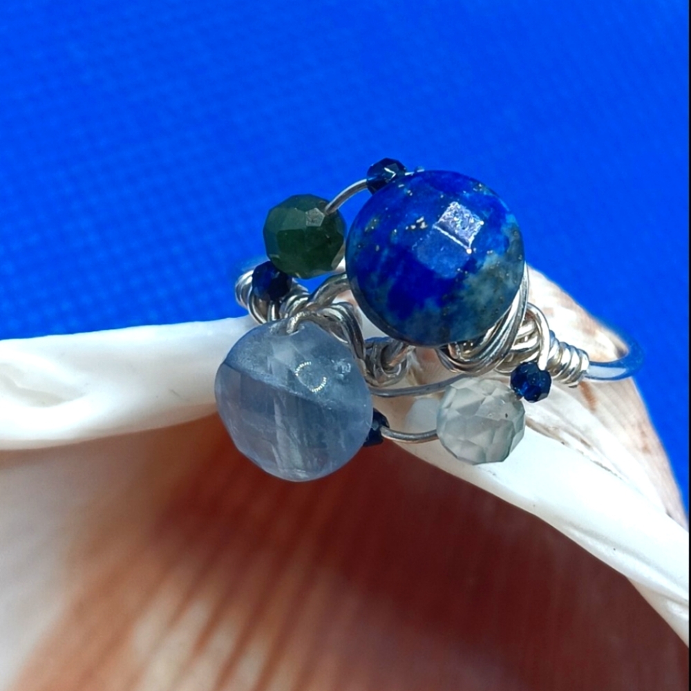 Ring Sterling Silver Lapis Lazuli Fluoride Prehnite